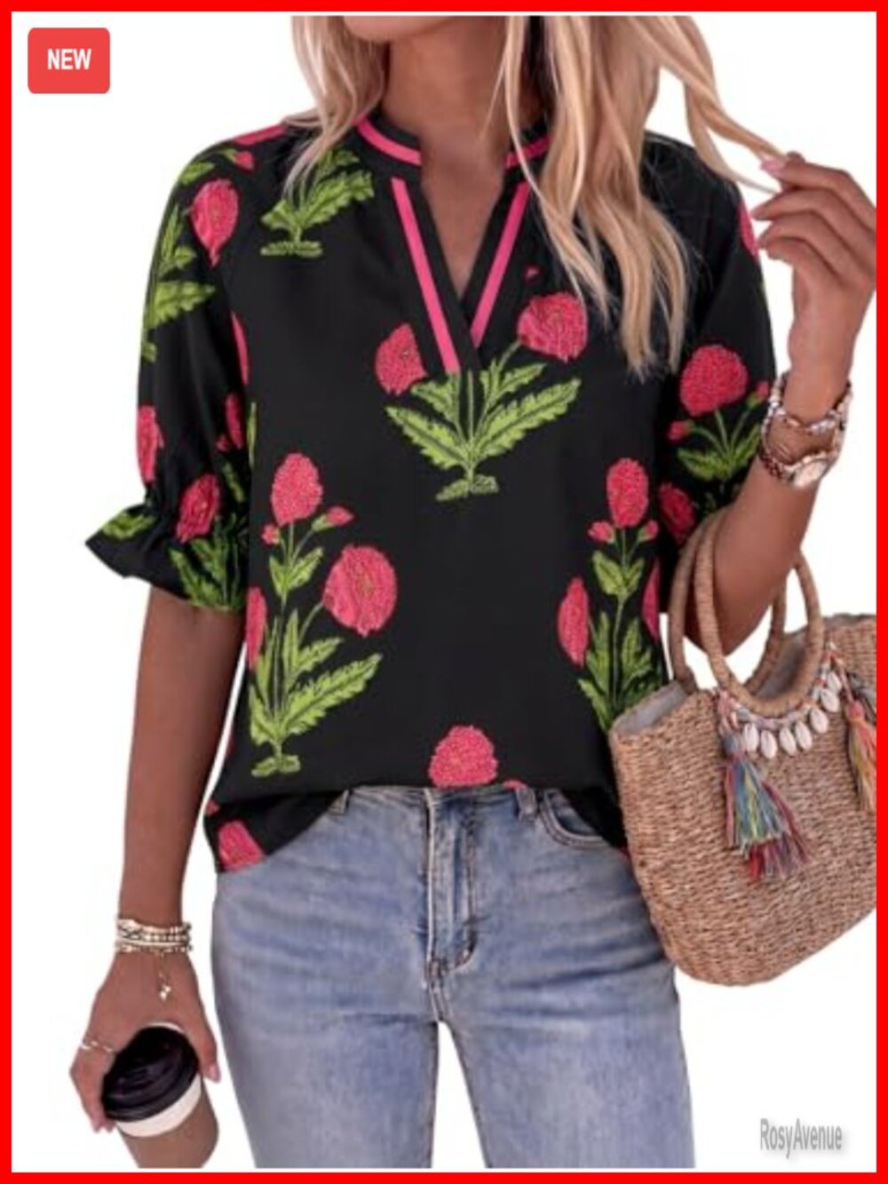 Womens Floral Blouse Puff Ruffle Sleeve Boho V Neck Top